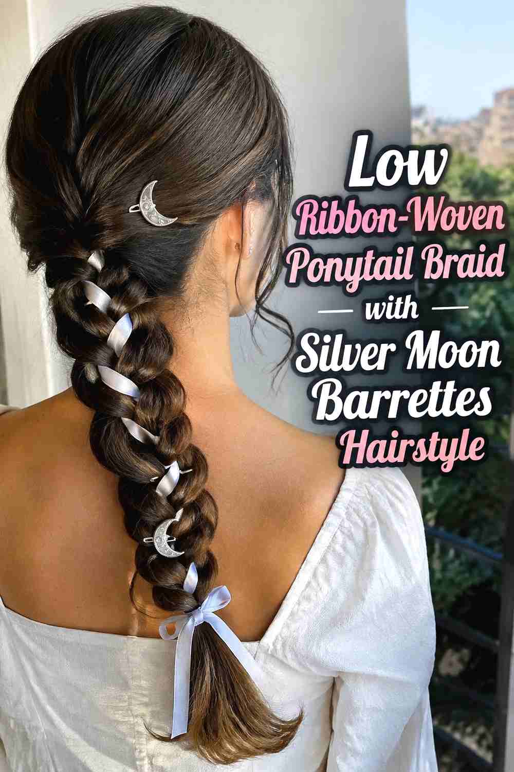 8. Low Ribbon Woven Ponytail Braid With Silver Moon Barrettes Hairstyle