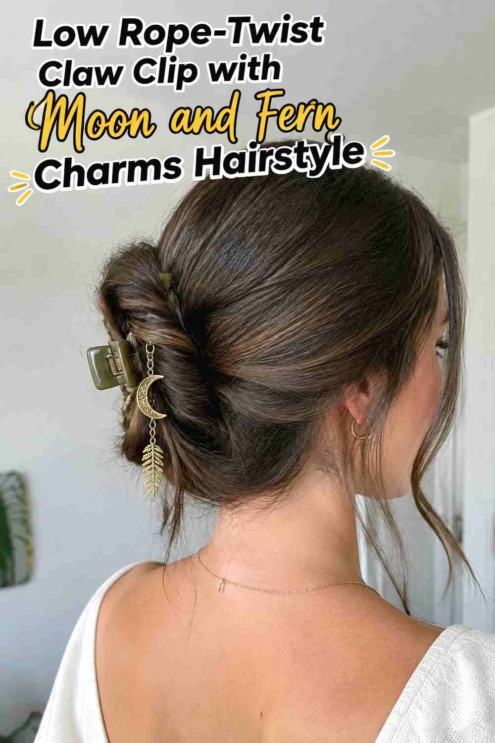 2. Low Rope Twist Claw Clip With Moon And Fern Charms Hairstyle