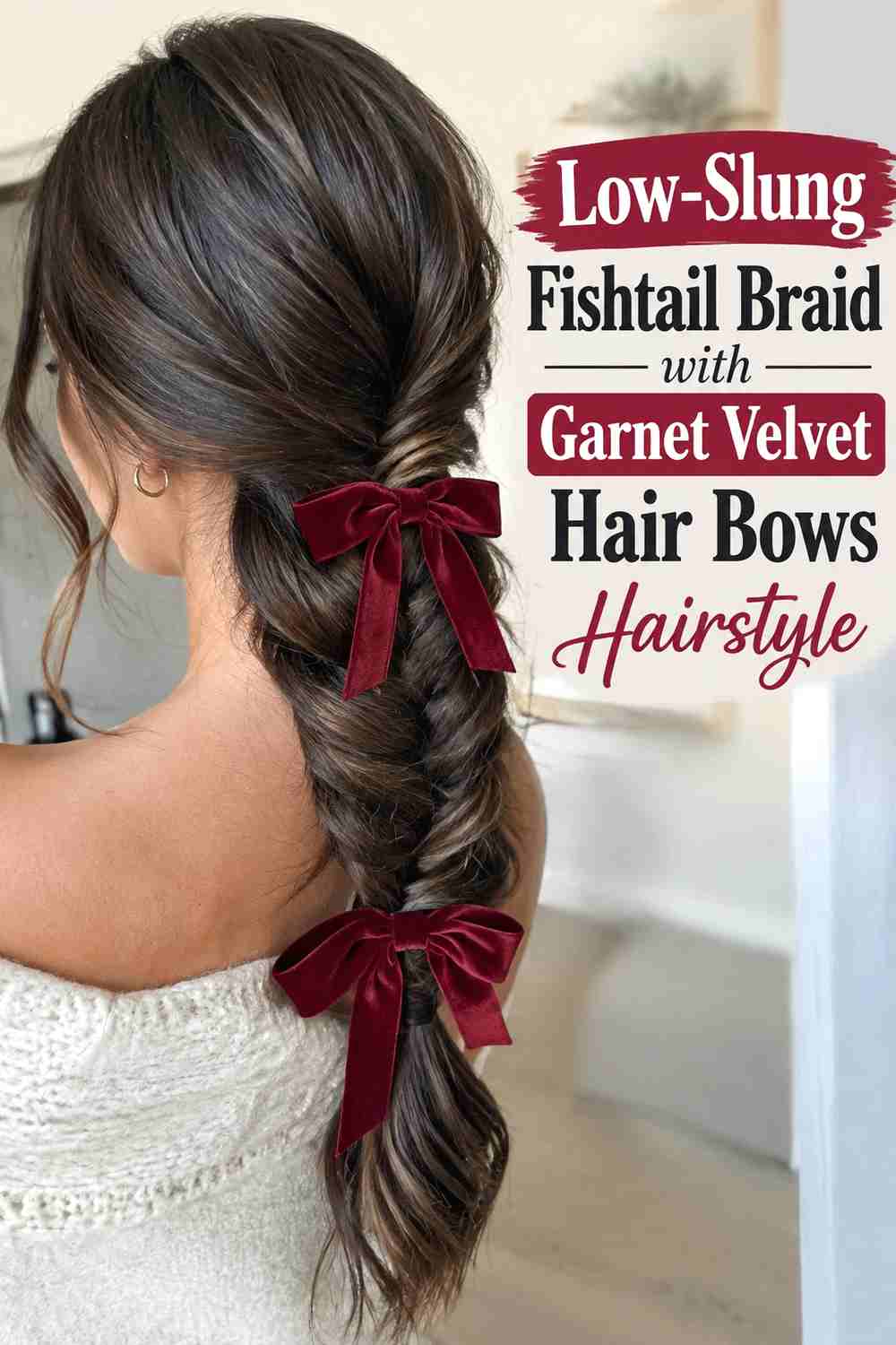 6. Low Slung Fishtail Braid With Garnet Velvet Hair Bows Hairstyle