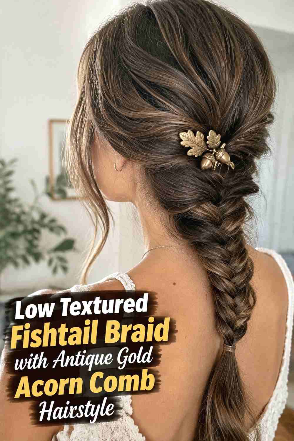 3. Low Textured Fishtail Braid With Antique Gold Acorn Comb Hairstyle