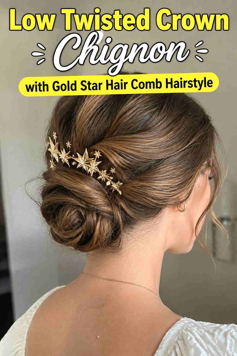 6. Low Twisted Crown Chignon With Gold Star Hair Comb Hairstyle