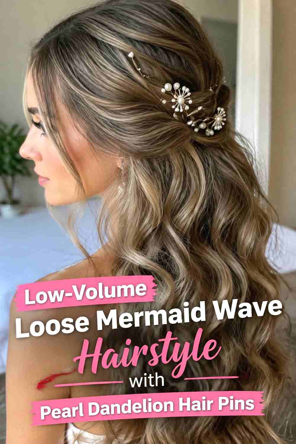 11. Low Volume Loose Mermaid Wave Hairstyle With Pearl Dandelion Hair Pins
