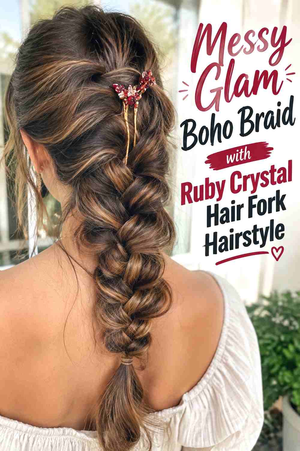 16. Messy Glam Boho Braid With Ruby Crystal Hair Fork Hairstyle