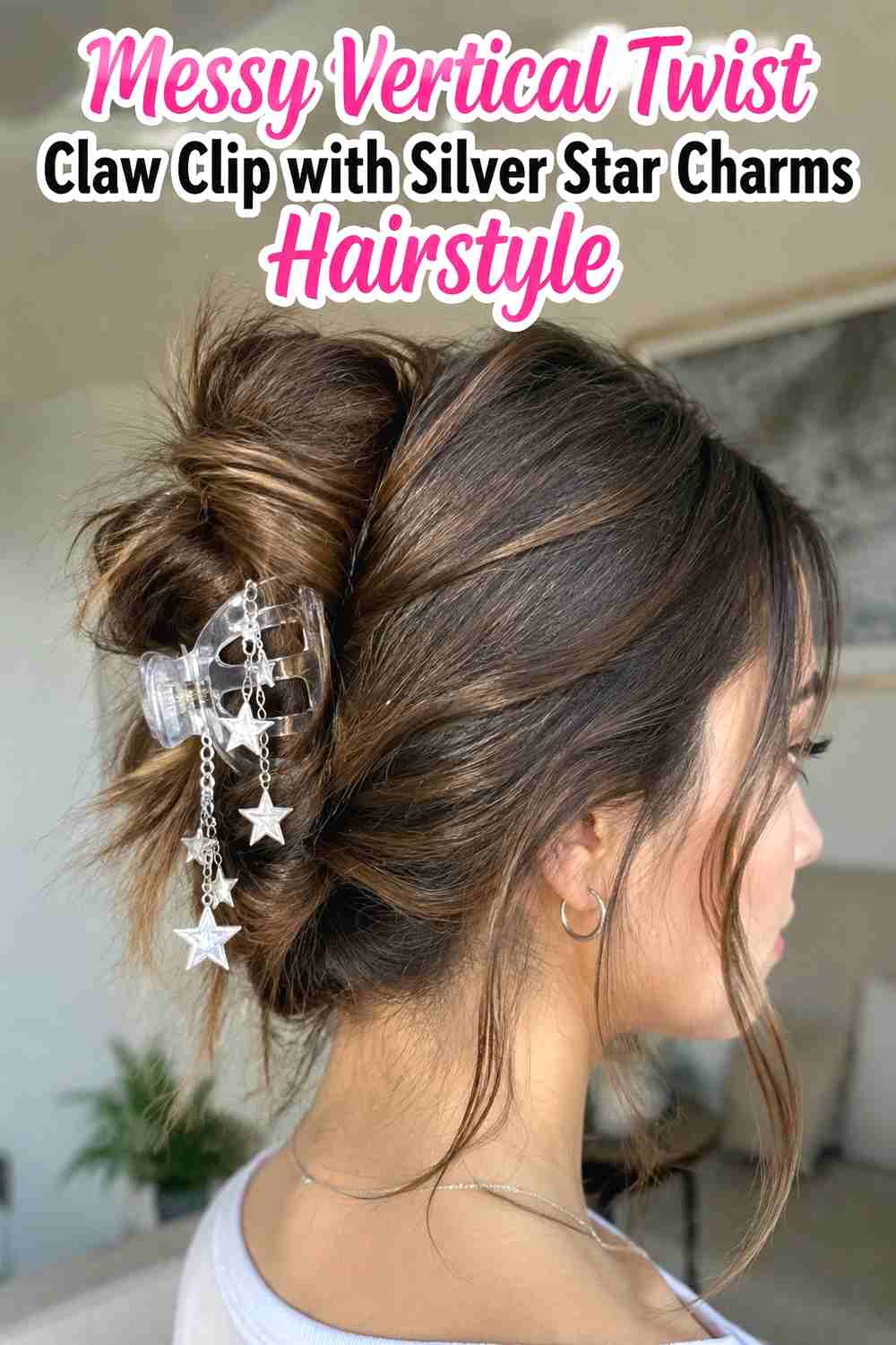 13. Messy Vertical Twist Claw Clip With Silver Star Charms Hairstyle