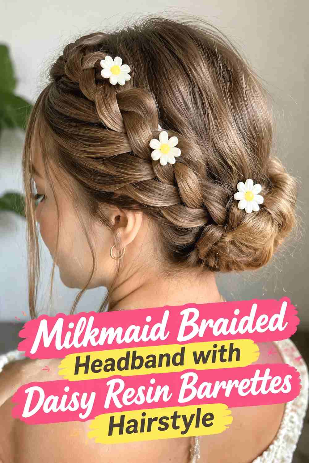 2. Milkmaid Braided Headband With Daisy Resin Barrettes Hairstyle