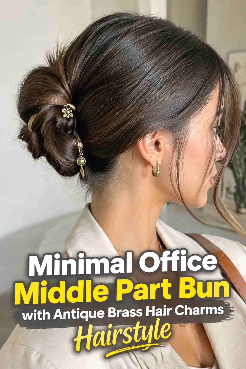 16. Minimal Office Middle Part Bun With Antique Brass Hair Charms Hairstyle