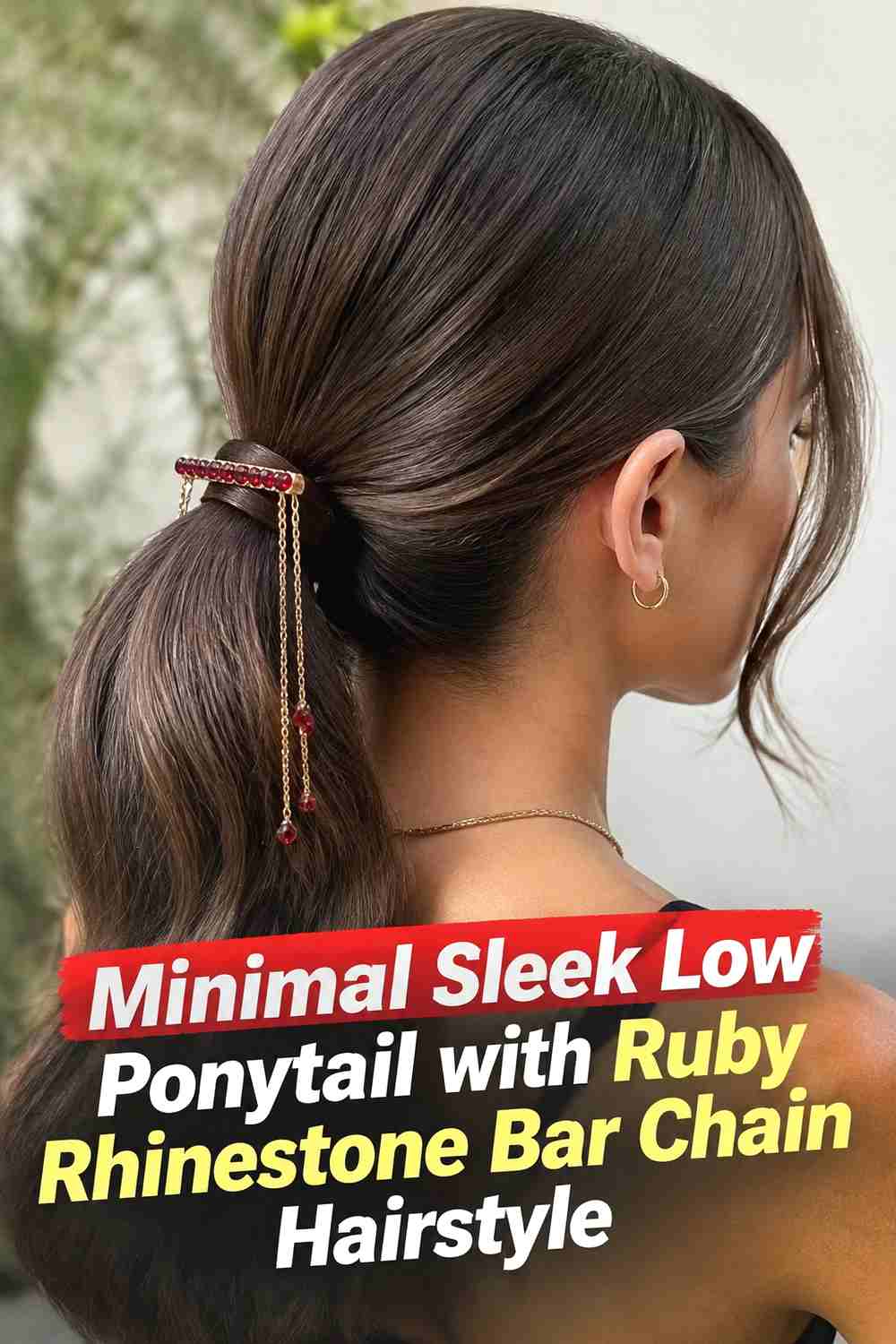 10. Minimal Sleek Low Ponytail With Ruby Rhinestone Bar Chain Hairstyle