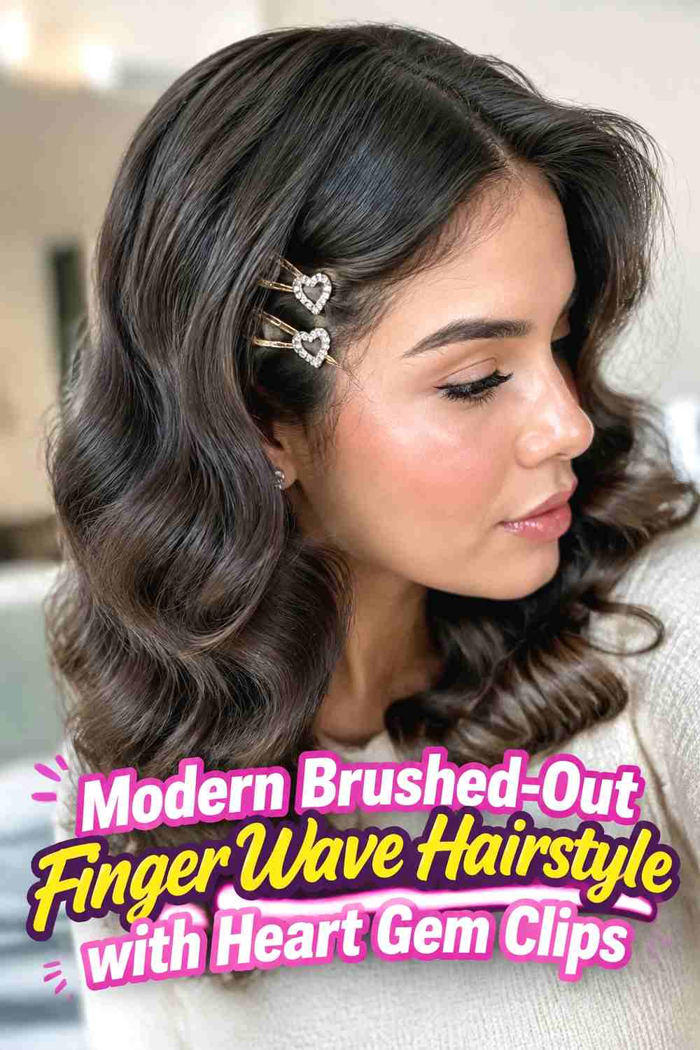 12. Modern Brushed Out Finger Wave Hairstyle With Heart Gem Clips