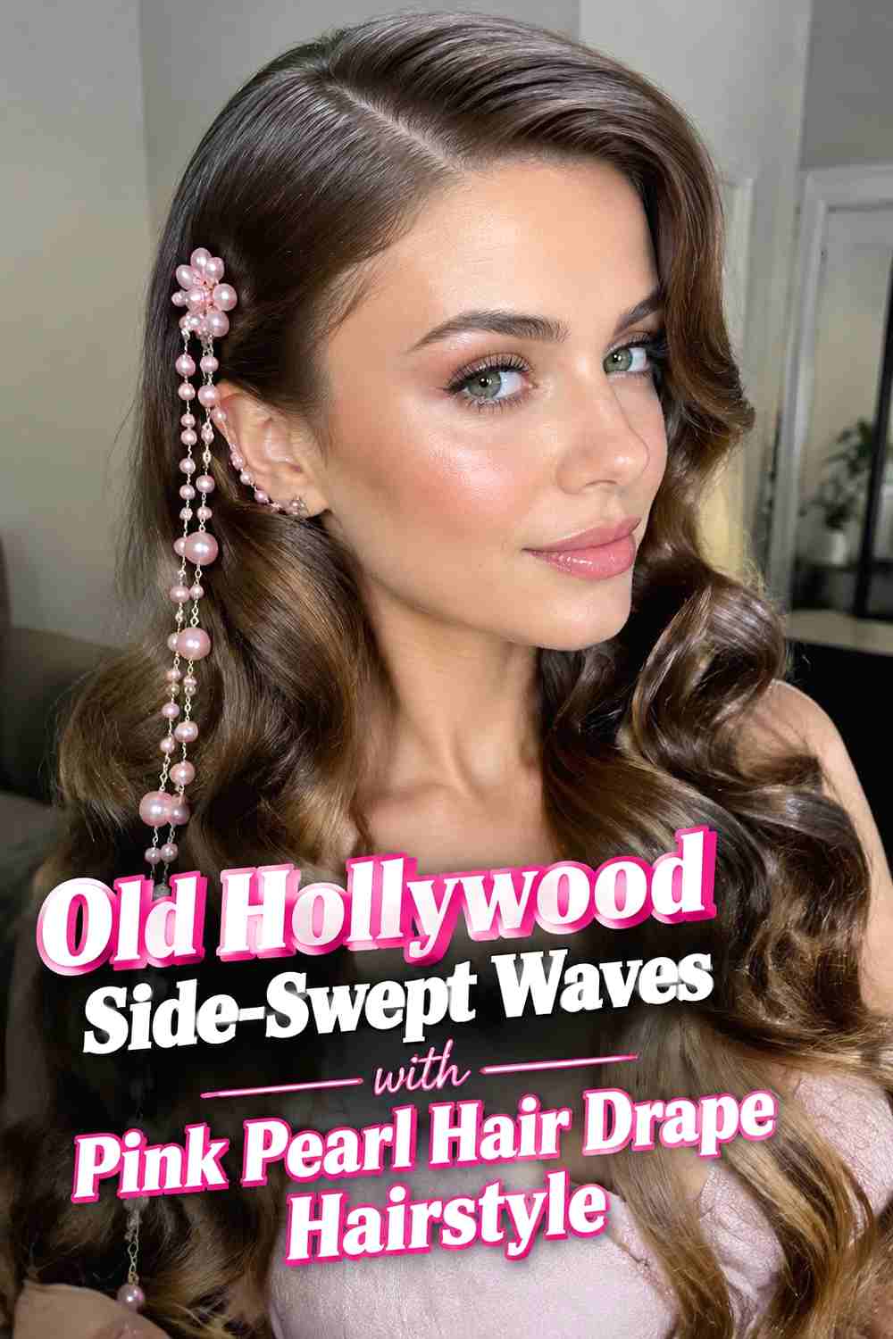 3. Old Hollywood Side Swept Waves With Pink Pearl Hair Drape Hairstyle