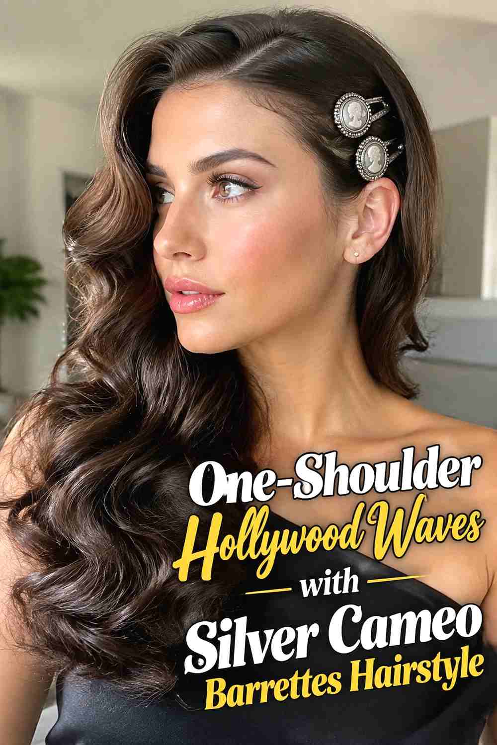 5. One Shoulder Hollywood Waves With Silver Cameo Barrettes Hairstyle