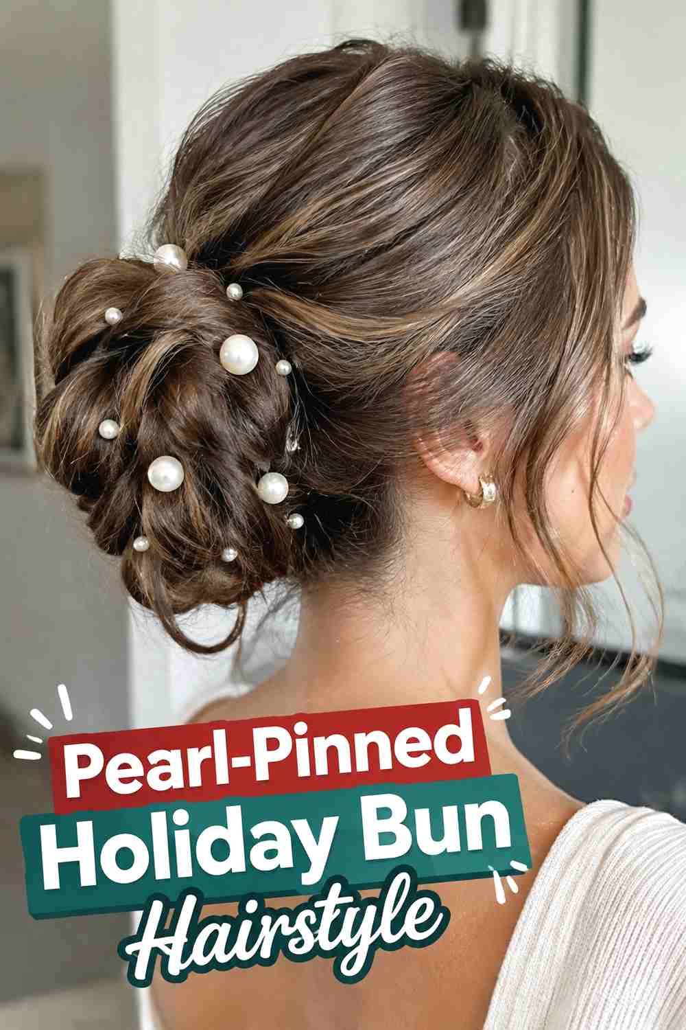 5. Pearl Pinned Holiday Bun Hairstyle
