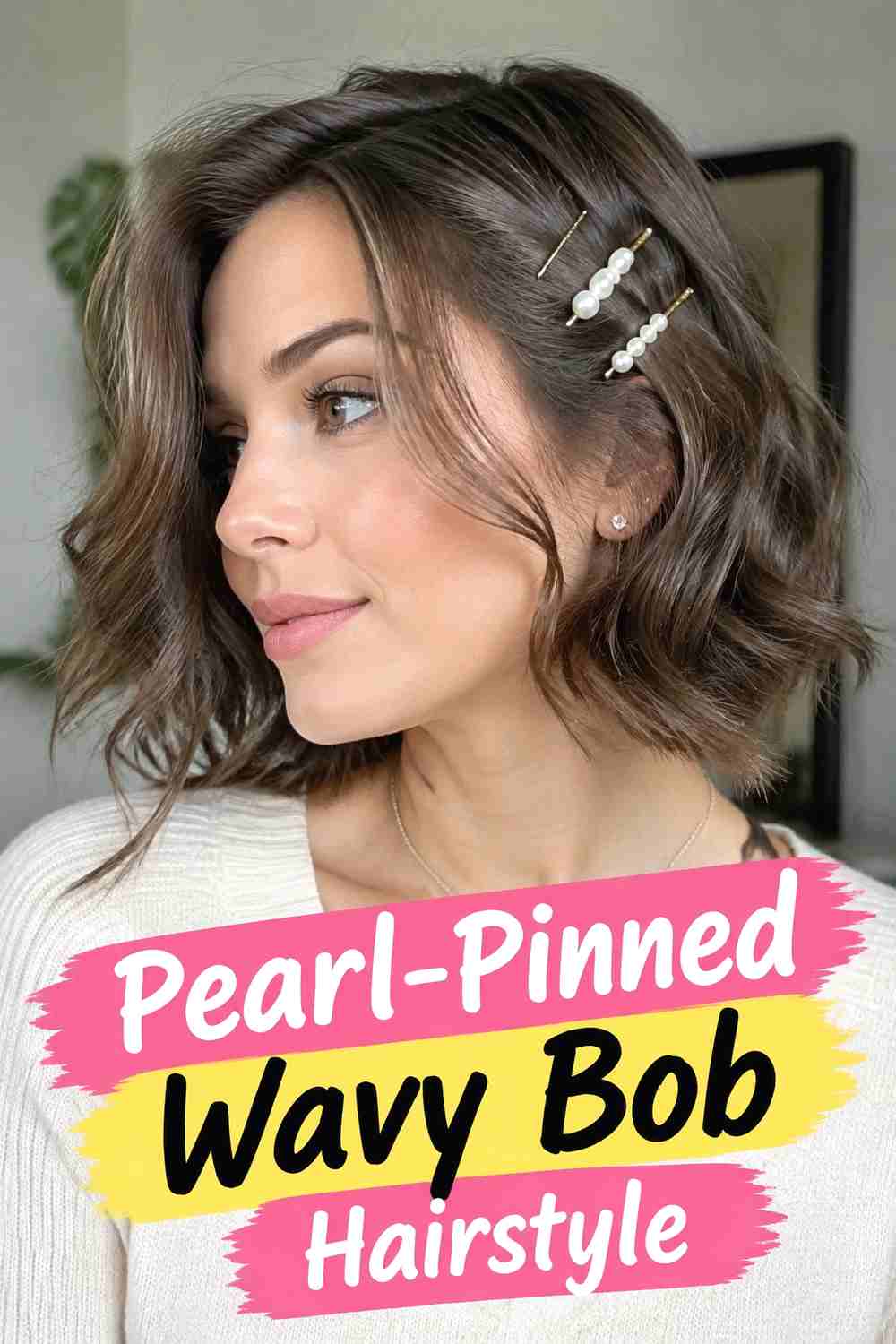 5. Pearl Pinned Wavy Bob Hairstyle