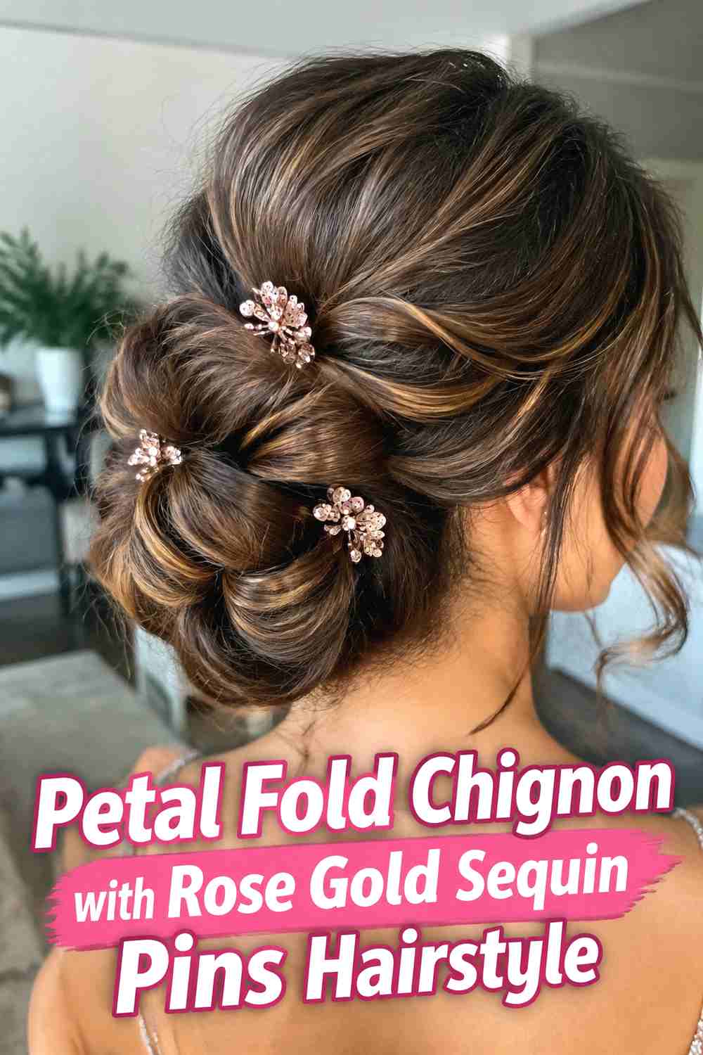 13. Petal Fold Chignon With Rose Gold Sequin Pins Hairstyle