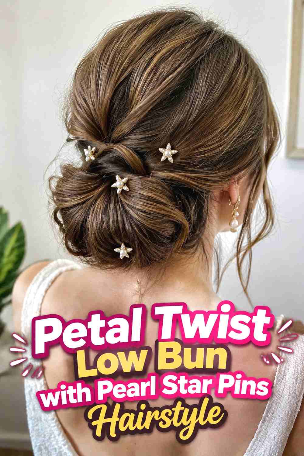 13. Petal Twist Low Bun With Pearl Star Pins Hairstyle