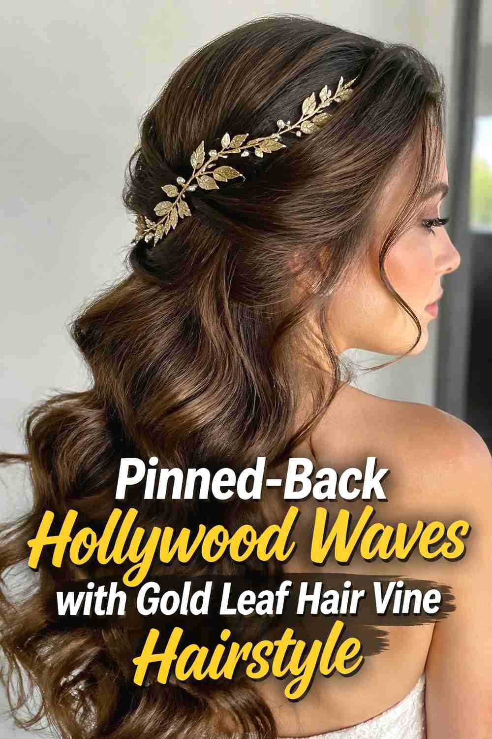 10. Pinned Back Hollywood Waves With Gold Leaf Hair Vine Hairstyle
