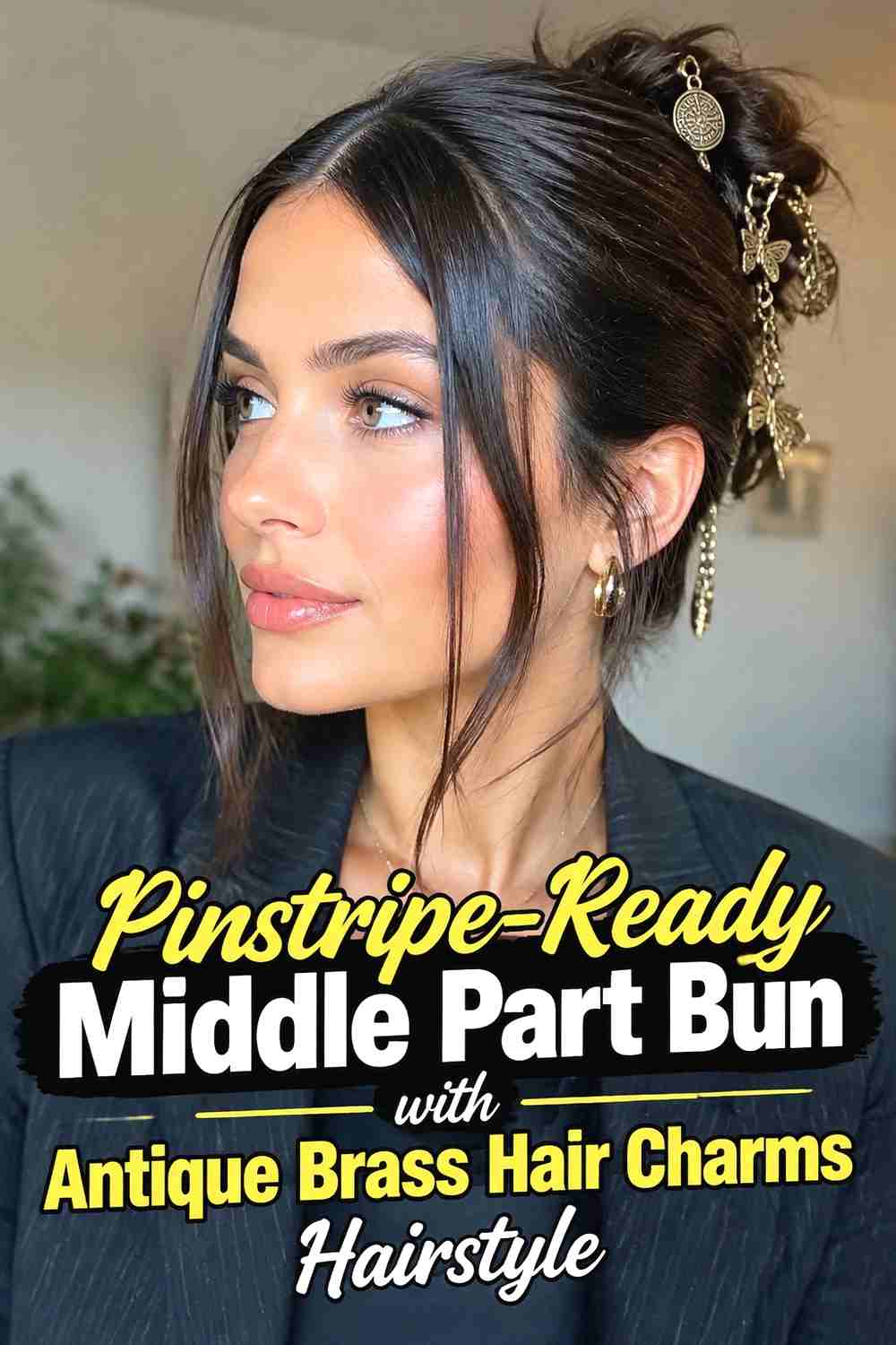 17. Pinstripe Ready Middle Part Bun With Antique Brass Hair Charms Hairstyle