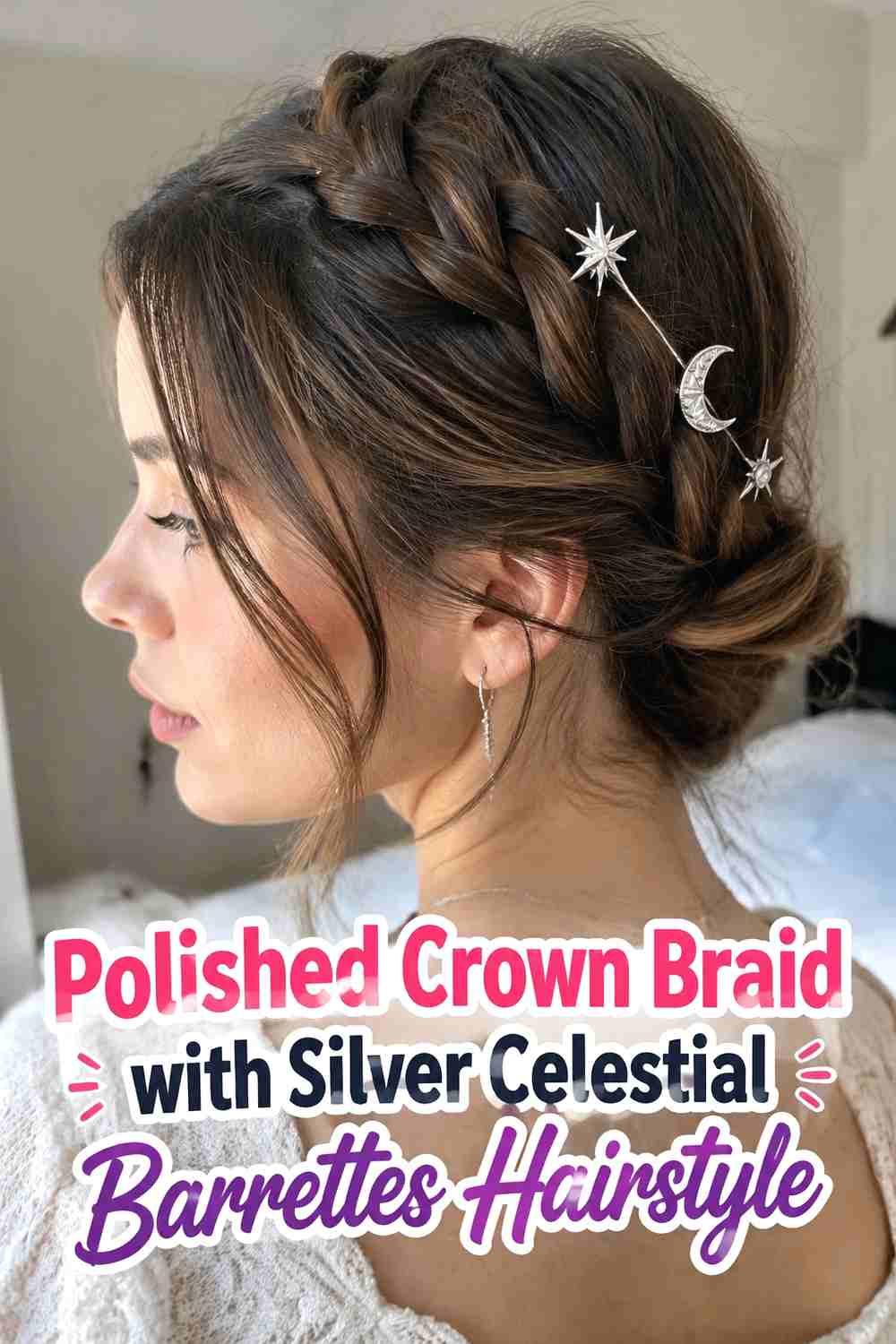 11. Polished Crown Braid With Silver Celestial Barrettes Hairstyle