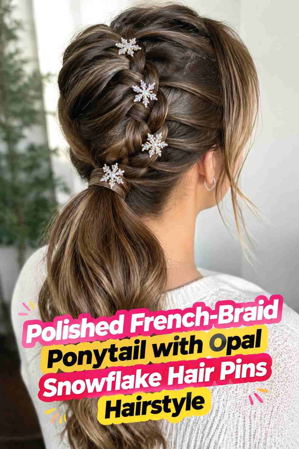 16. Polished French Braid Ponytail With Opal Snowflake Hair Pins Hairstyle