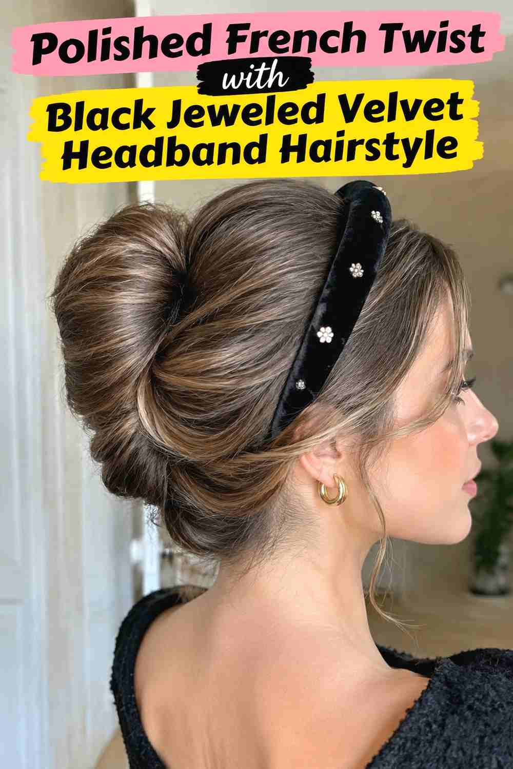 16. Polished French Twist With Black Jeweled Velvet Headband Hairstyle