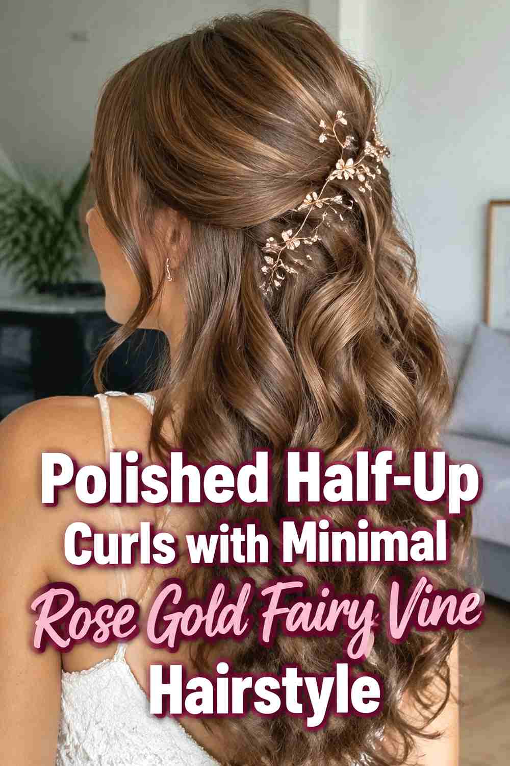 12. Polished Half Up Curls With Minimal Rose Gold Fairy Vine Hairstyle