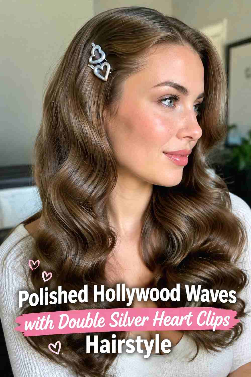 11. Polished Hollywood Waves With Double Silver Heart Clips Hairstyle