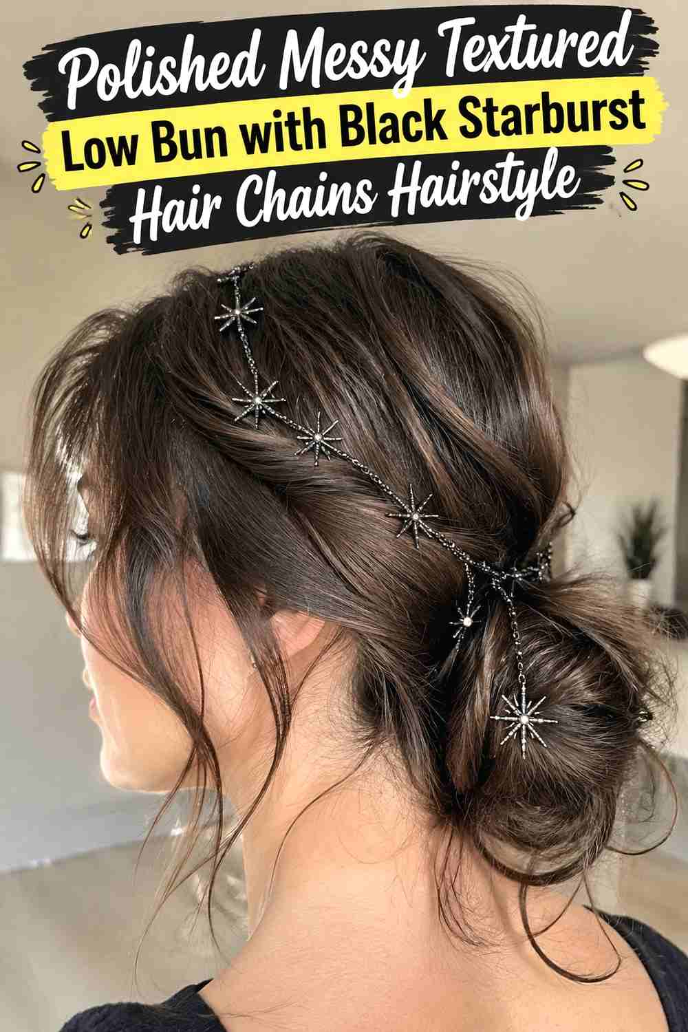 17. Polished Messy Textured Low Bun With Black Starburst Hair Chains Hairstyle