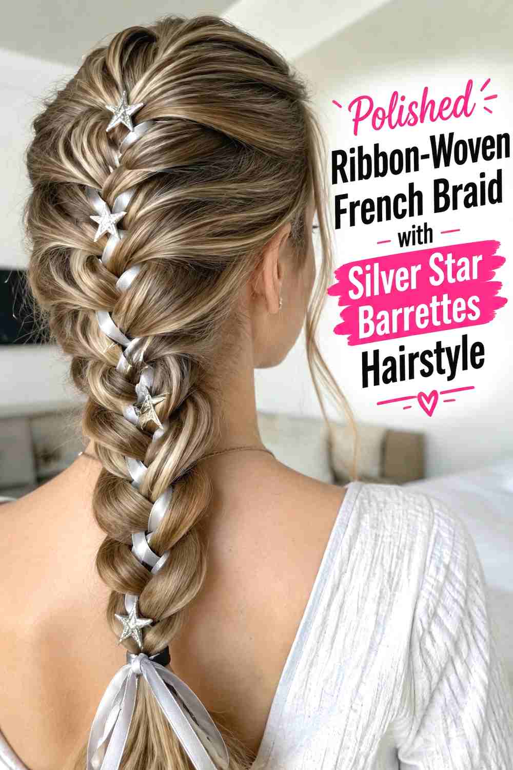15. Polished Ribbon Woven French Braid With Silver Star Barrettes Hairstyle