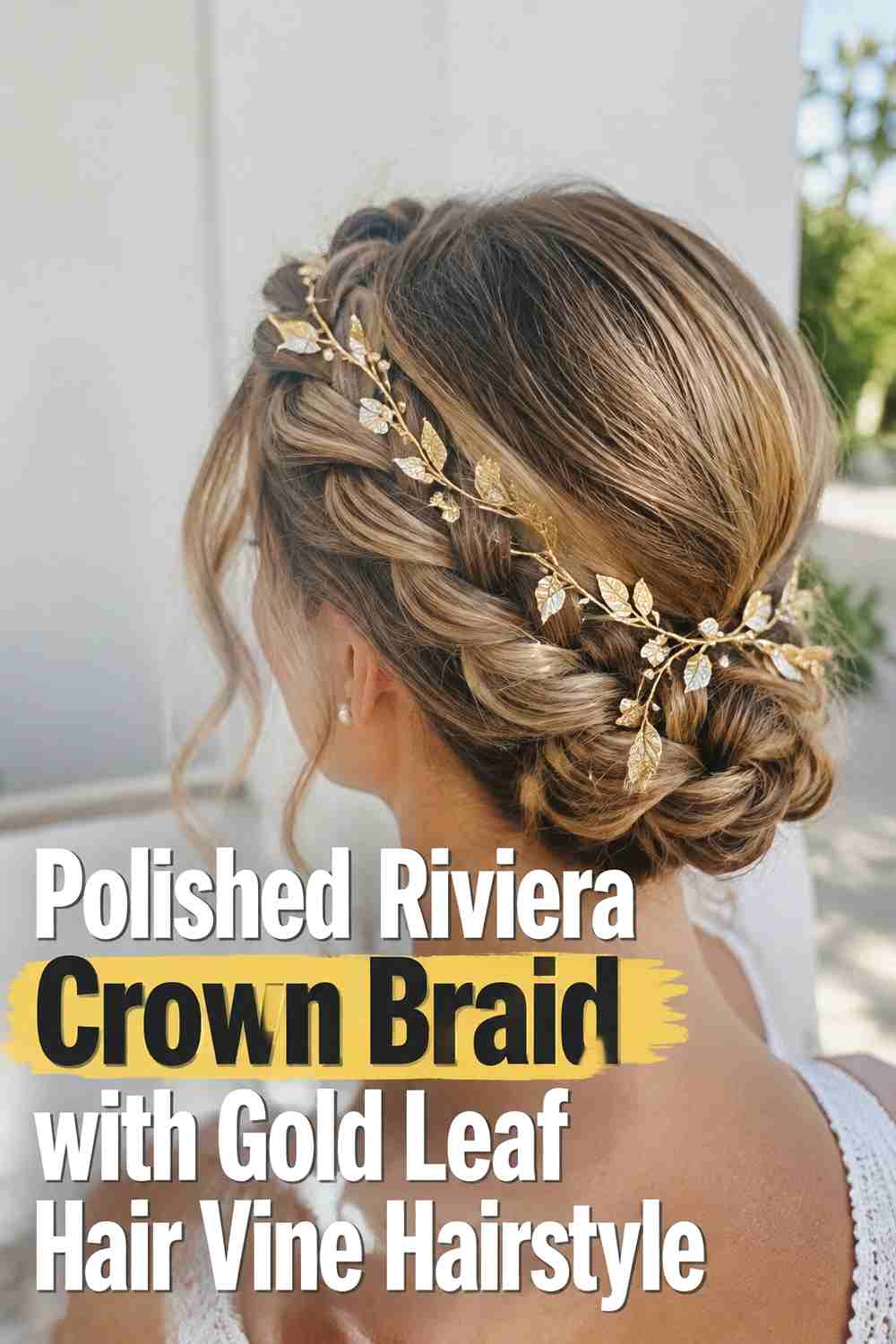 15. Polished Riviera Crown Braid With Gold Leaf Hair Vine Hairstyle