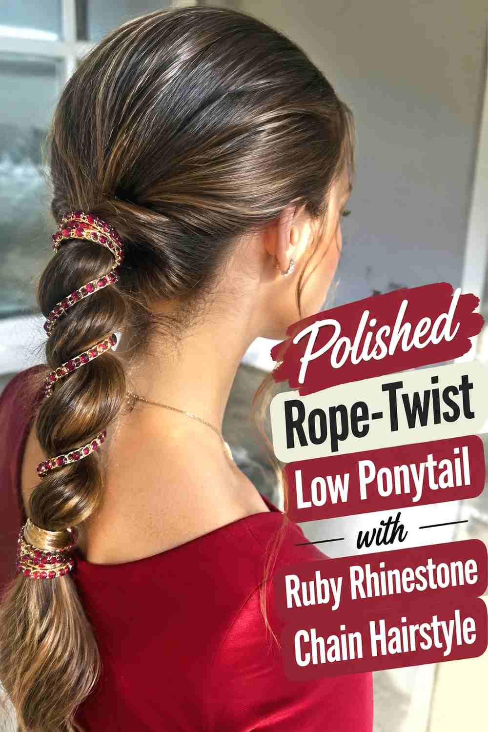 13. Polished Rope Twist Low Ponytail With Ruby Rhinestone Chain Hairstyle