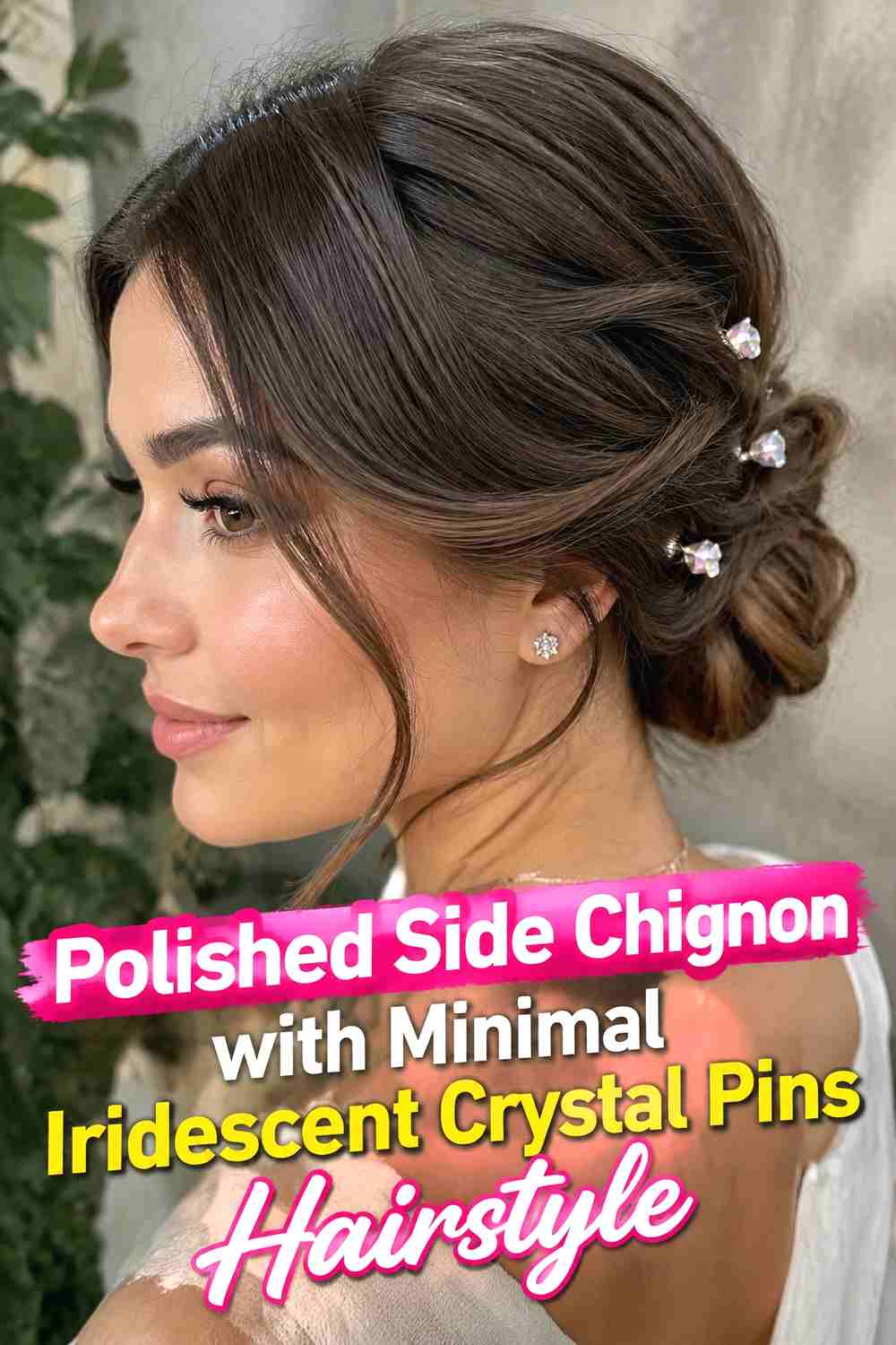 11. Polished Side Chignon With Minimal Iridescent Crystal Pins Hairstyle