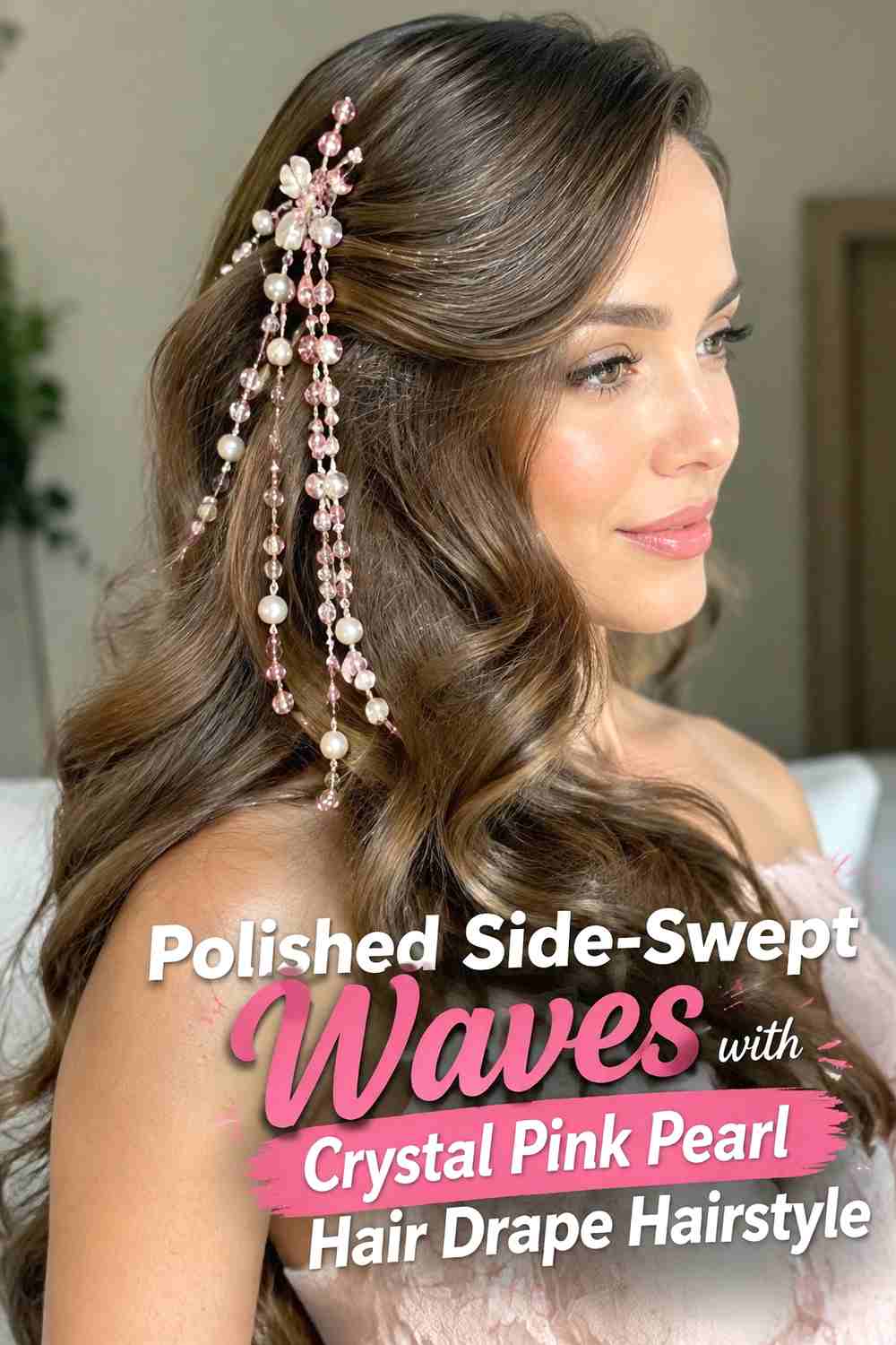 8. Polished Side Swept Waves With Crystal Pink Pearl Hair Drape Hairstyle