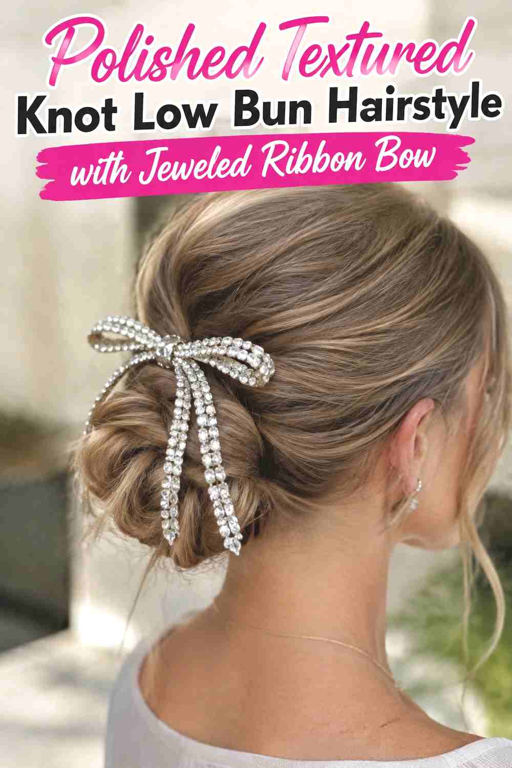 12. Polished Textured Knot Low Bun Hairstyle With Jeweled Ribbon Bow