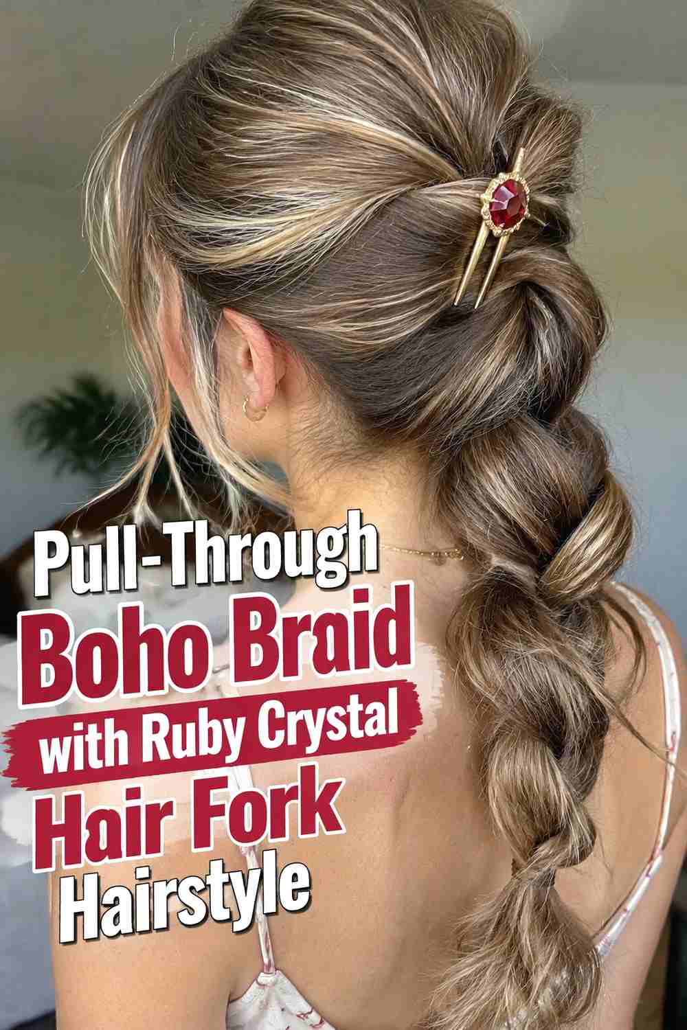 9. Pull Through Boho Braid With Ruby Crystal Hair Fork Hairstyle