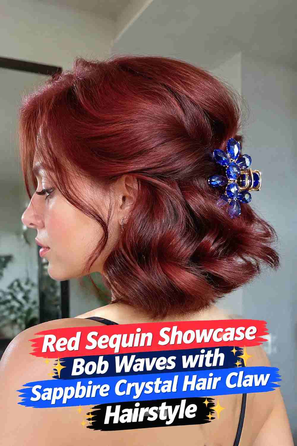 18. Red Sequin Showcase Bob Waves With Sapphire Crystal Hair Claw Hairstyle