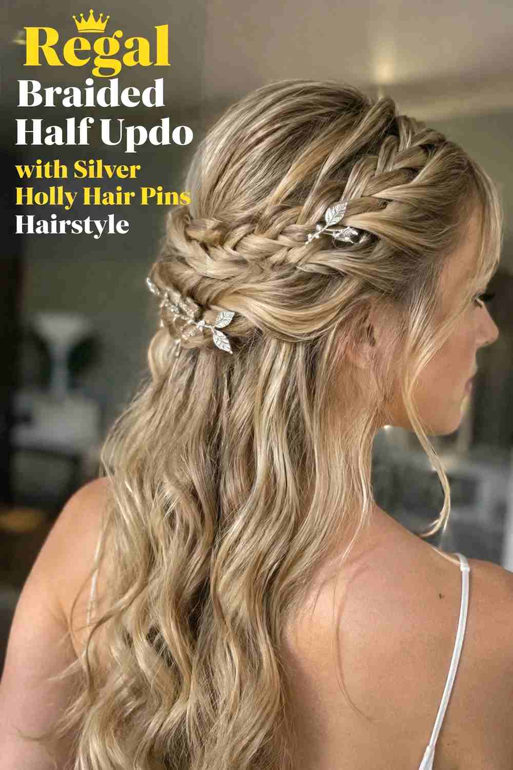 16. Regal Braided Half Updo With Silver Holly Hair Pins Hairstyle