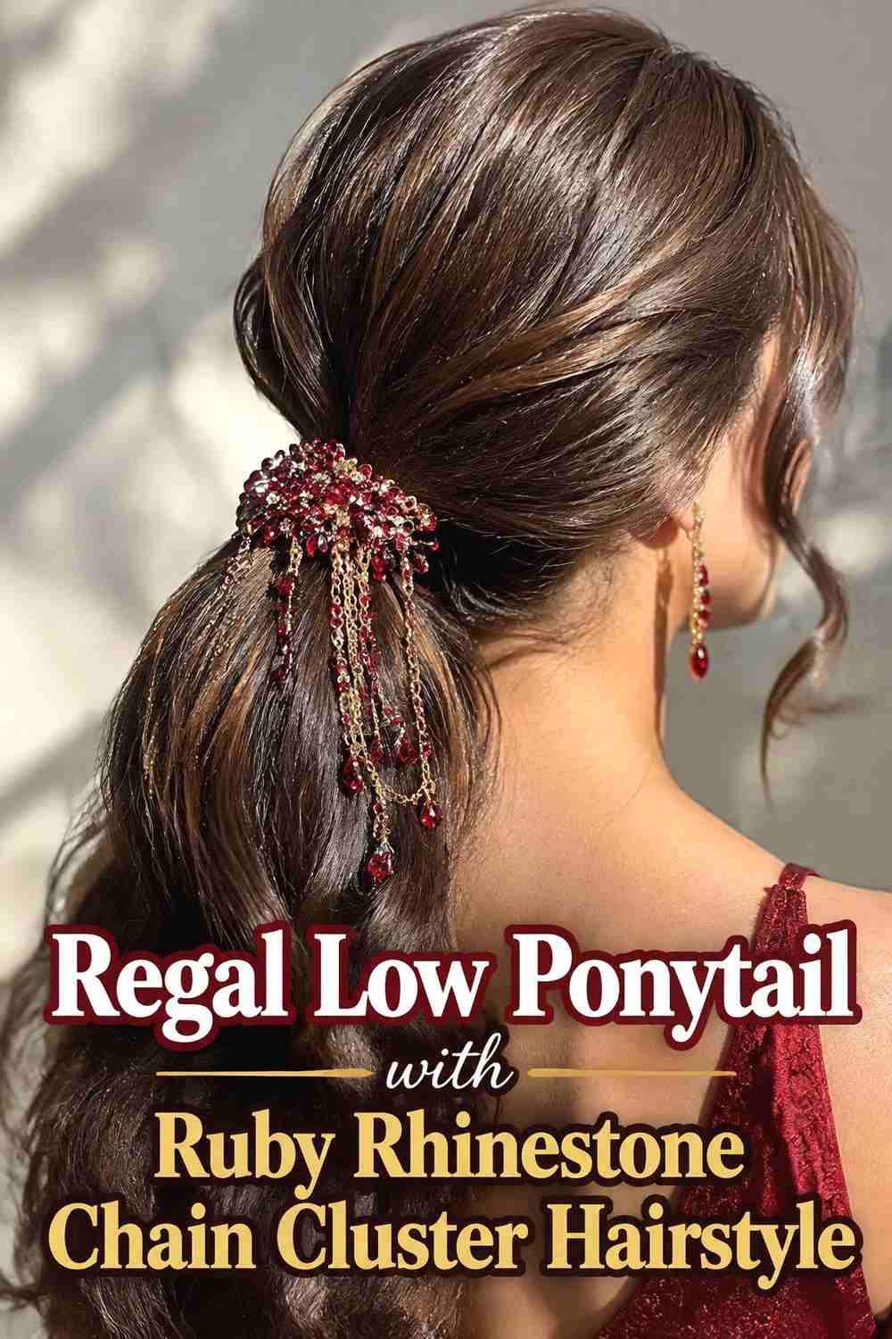 14. Regal Low Ponytail With Ruby Rhinestone Chain Cluster Hairstyle