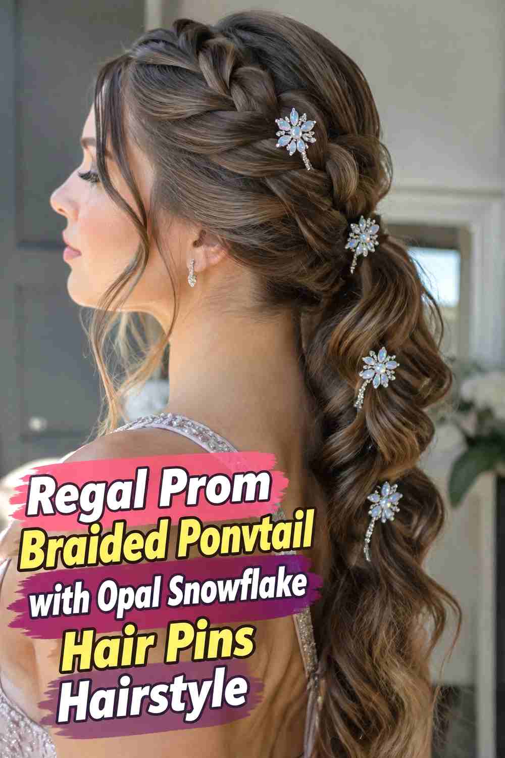 18. Regal Prom Braided Ponytail With Opal Snowflake Hair Pins Hairstyle