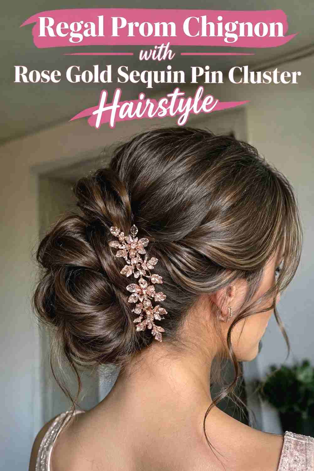 19. Regal Prom Chignon With Rose Gold Sequin Pin Cluster Hairstyle