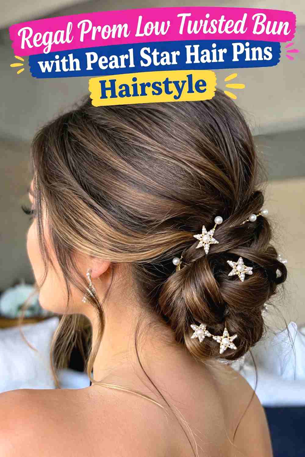 14. Regal Prom Low Twisted Bun With Pearl Star Hair Pins Hairstyle