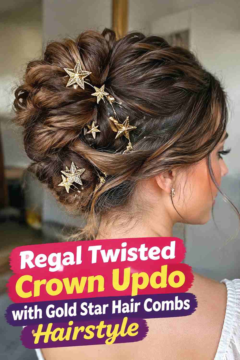 10. Regal Twisted Crown Updo With Gold Star Hair Combs Hairstyle