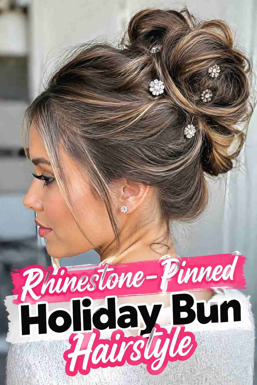 15. Rhinestone Pinned Holiday Bun Hairstyle