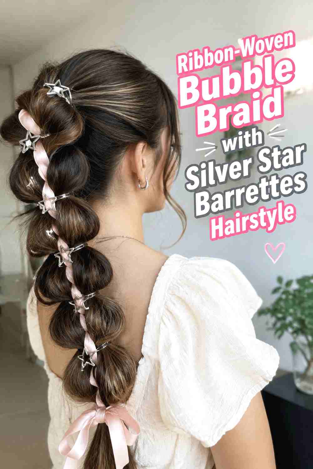 10. Ribbon Woven Bubble Braid With Silver Star Barrettes Hairstyle