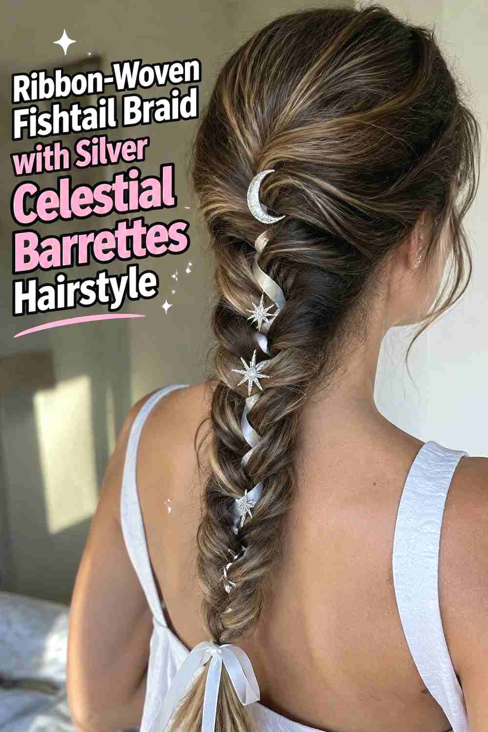 3. Ribbon Woven Fishtail Braid With Silver Celestial Barrettes Hairstyle