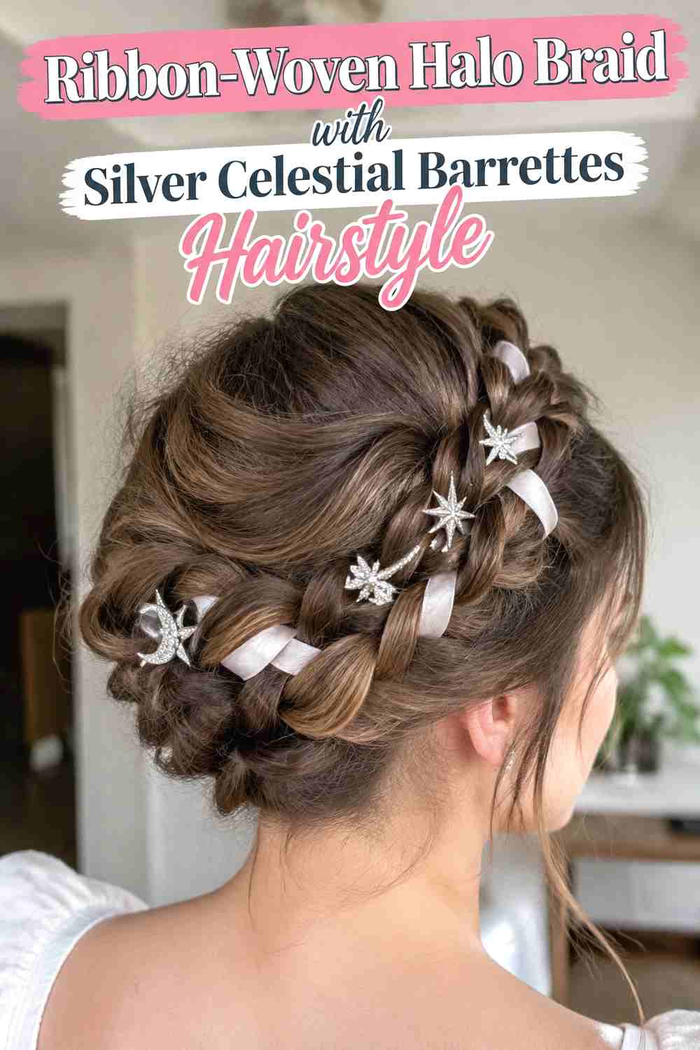 9. Ribbon Woven Halo Braid With Silver Celestial Barrettes Hairstyle