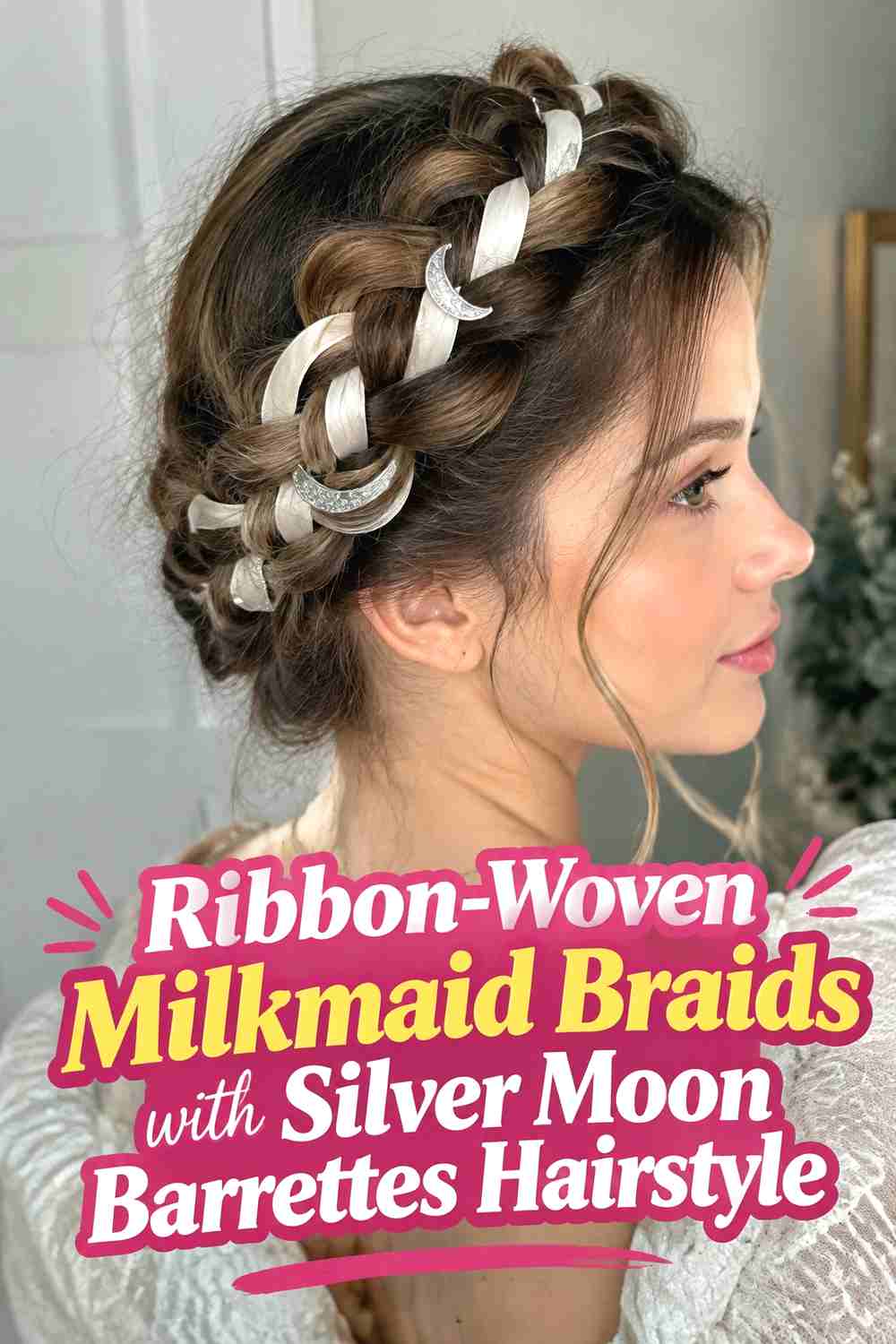 5. Ribbon Woven Milkmaid Braids With Silver Moon Barrettes Hairstyle