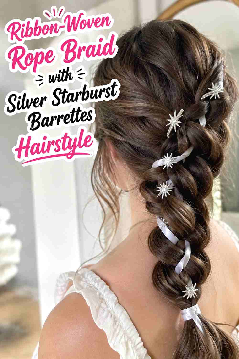 7. Ribbon Woven Rope Braid With Silver Starburst Barrettes Hairstyle