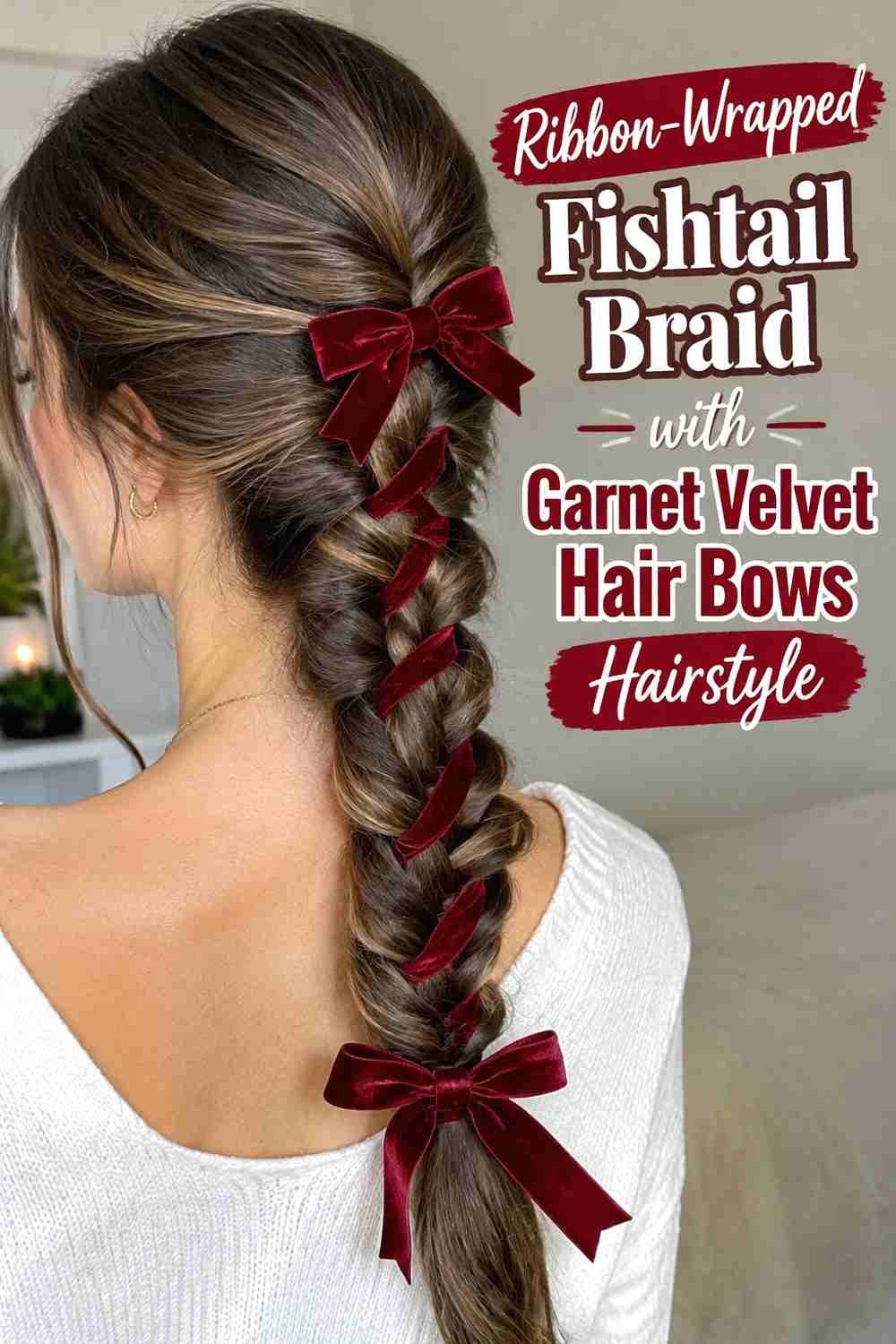 10. Ribbon Wrapped Fishtail Braid With Garnet Velvet Hair Bows Hairstyle