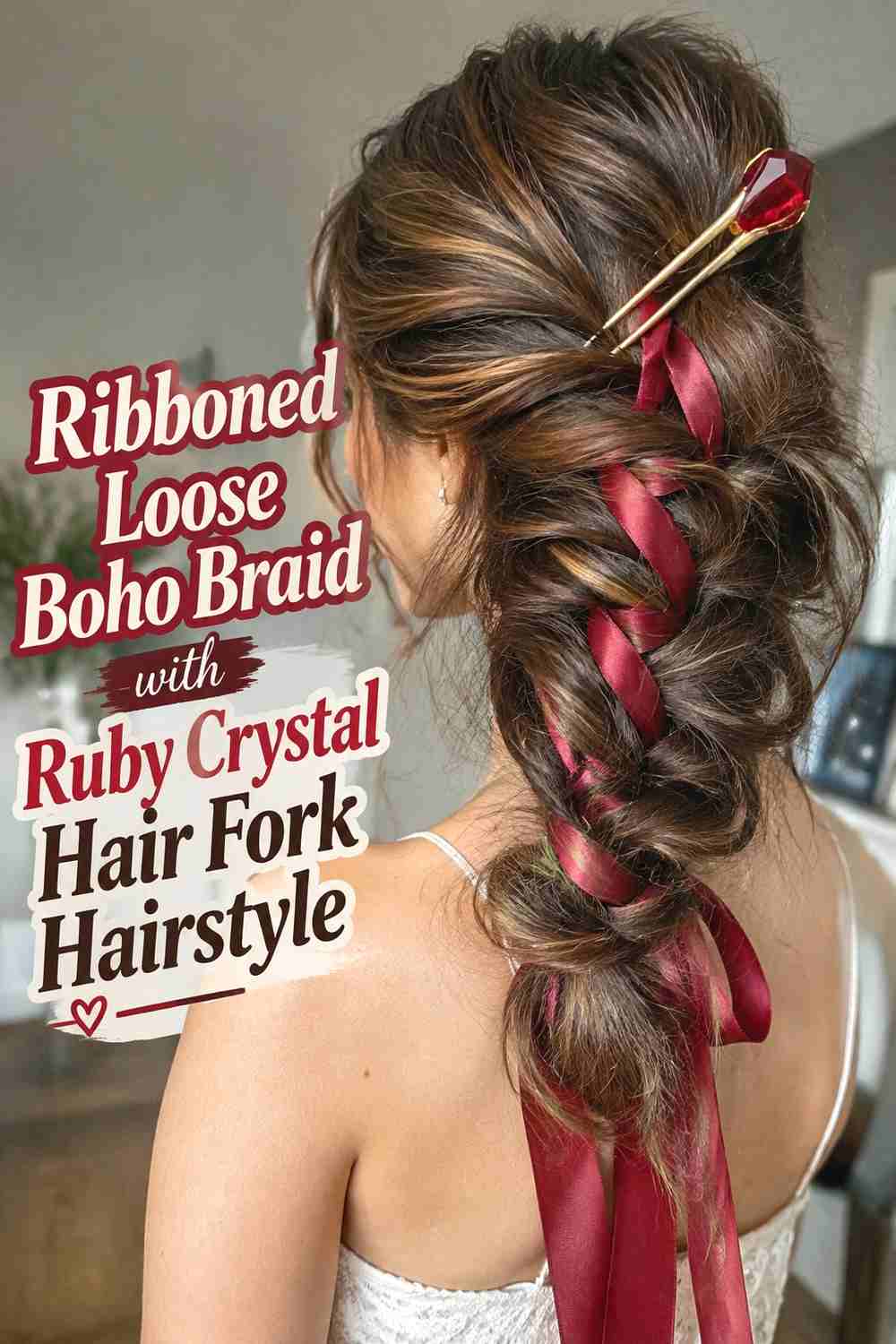 14. Ribboned Loose Boho Braid With Ruby Crystal Hair Fork Hairstyle
