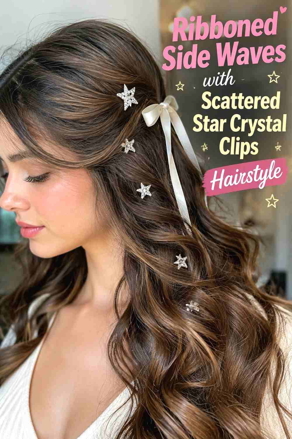 4. Ribboned Side Waves With Scattered Star Crystal Clips Hairstyle