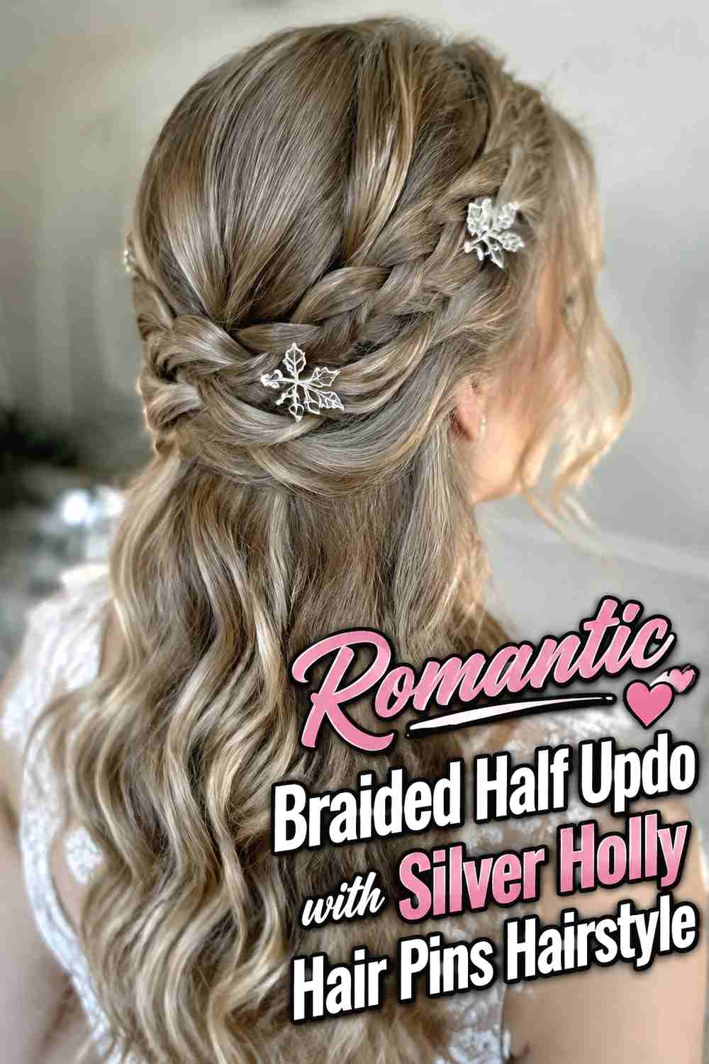 15. Romantic Braided Half Updo With Silver Holly Hair Pins Hairstyle